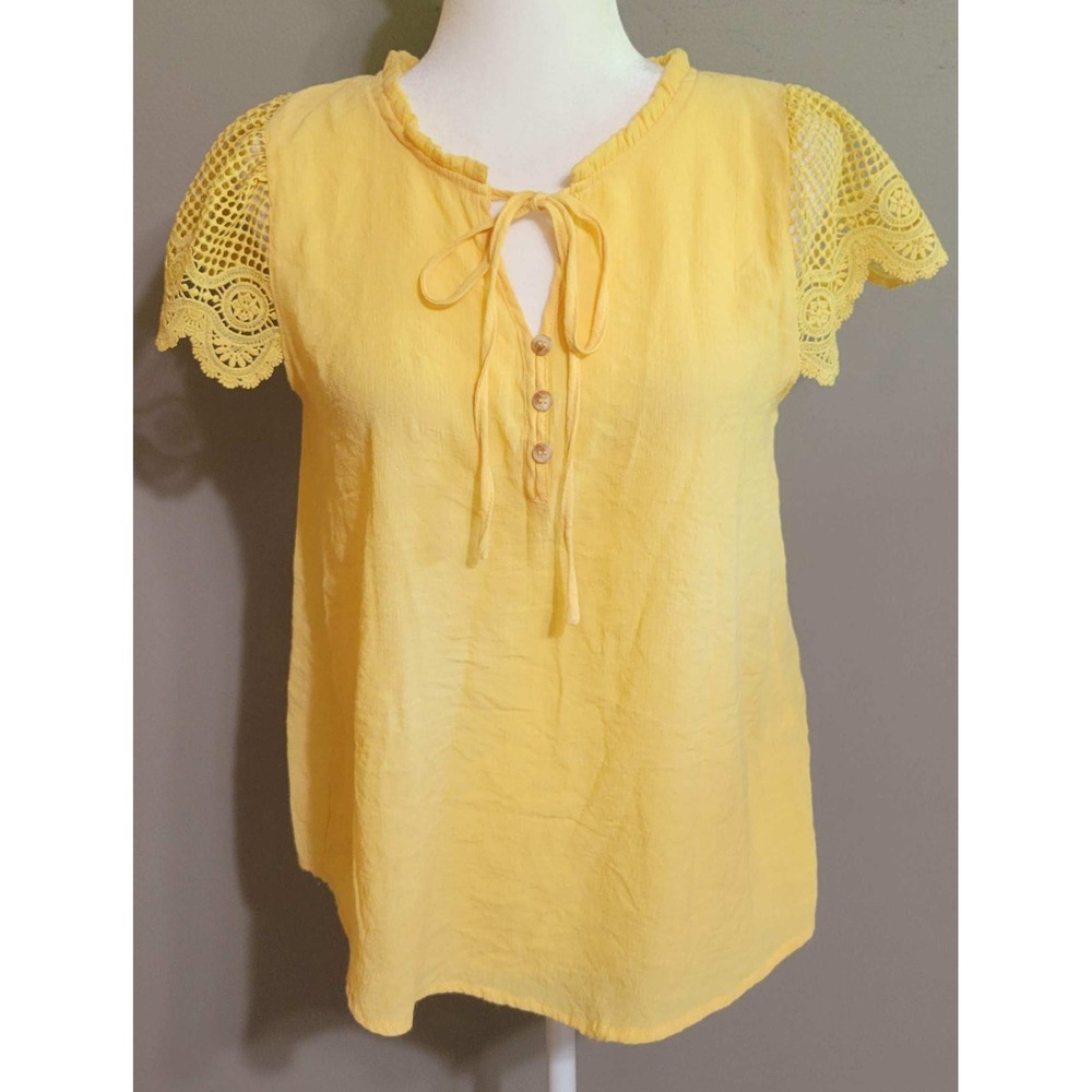 Yellow Gauze-Like Crochet Sleeve Blouse